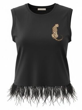 Adrienne Landau sleeveless tee with leopard chest monogram, black, Sz various